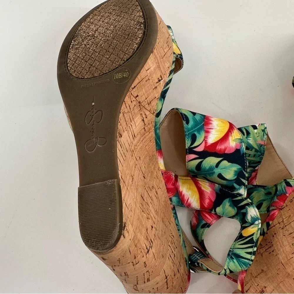 Jessica Simpson Jeisha sandals 10 40 multicolored floral tropical cork wedges